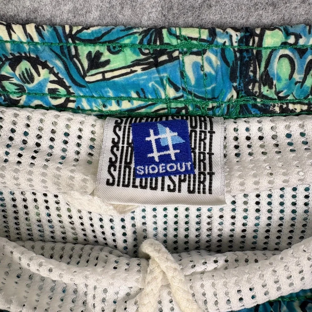 Vintage 90s Sideout Sport Tiki Surfboard Swim Trunks Teal Blue Made in USA XL